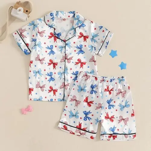 Kids Baby Girl Boy Satin Pajamas Set Short sleeve Button Down Shirt And Shorts Pjs Summer Sleepwear Nightwear - 2