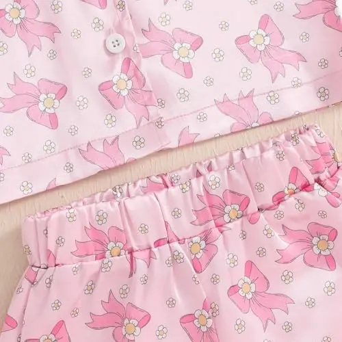 Kids Baby Girl Boy Satin Pajamas Set Short sleeve Button Down Shirt And Shorts Pjs Summer Sleepwear Nightwear - 6