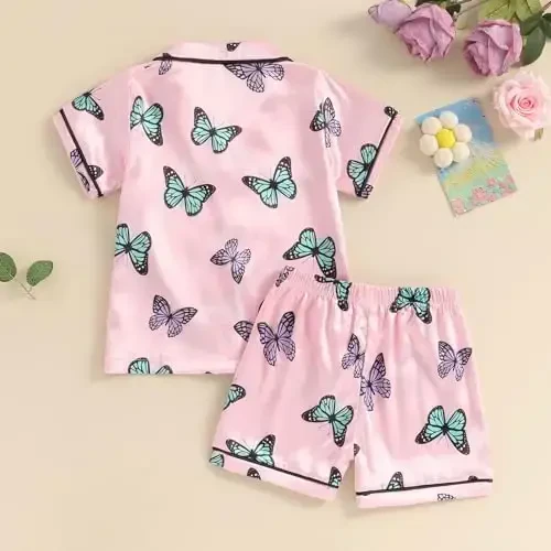 Kids Baby Girl Boy Satin Pajamas Set Short sleeve Button Down Shirt And Shorts Pjs Summer Sleepwear Nightwear - 3