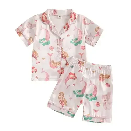 Kids Baby Girl Boy Satin Pajamas Set Short sleeve Button Down Shirt And Shorts Pjs Summer Sleepwear Nightwear - KIDS