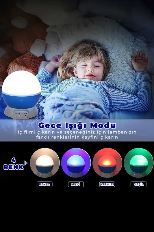Çocuk Bebek ve Çocuk Odası Gece Masa Lambası Işık Küre Projektörlü Yansıtmalı - Mavi - 2