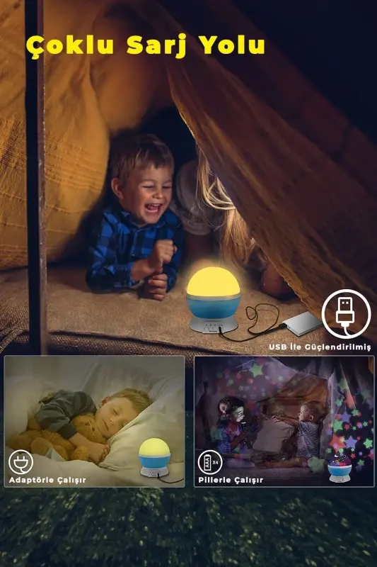 Çocuk Bebek ve Çocuk Odası Gece Masa Lambası Işık Küre Projektörlü Yansıtmalı - Mavi - 4