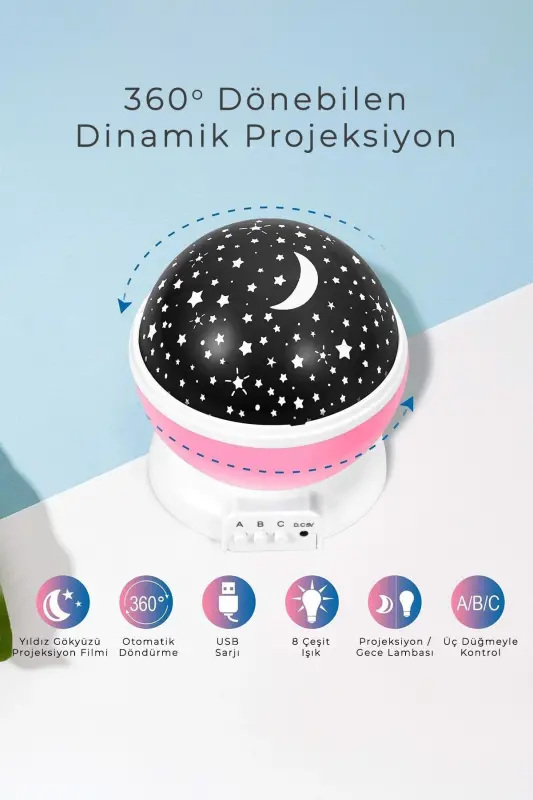 Çocuk Bebek ve Çocuk Odası Gece Masa Lambası Işık Küre Projektörlü Yansıtmalı - Mavi - 5