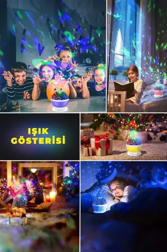 Çocuk Bebek ve Çocuk Odası Gece Masa Lambası Işık Küre Projektörlü Yansıtmalı - Mavi - 8