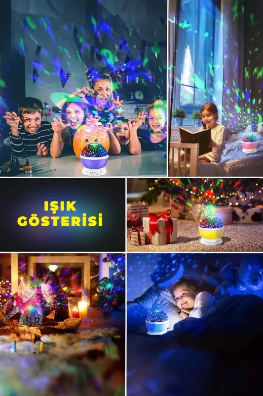 Çocuk Bebek ve Çocuk Odası Gece Masa Lambası Işık Küre Projektörlü Yansıtmalı - Mavi - 8