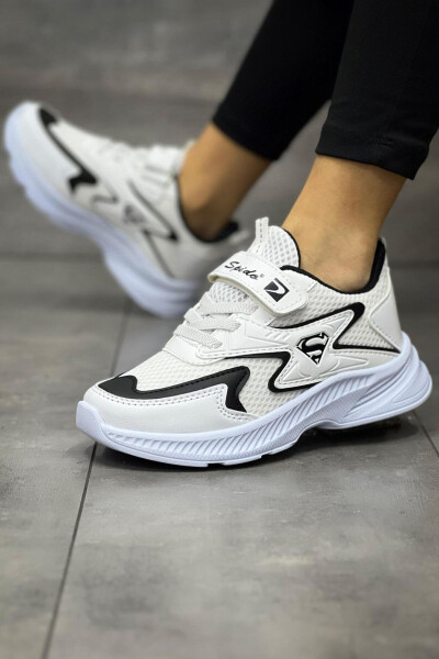 Çocuk Beyaz Bağcıklı Tek Cırt Cırtlı Esnek Hafif Nefes Alabilen Unisex File Sneaker Spor Ayakkabı - Beyaz - Siyah - BOUIS (1)