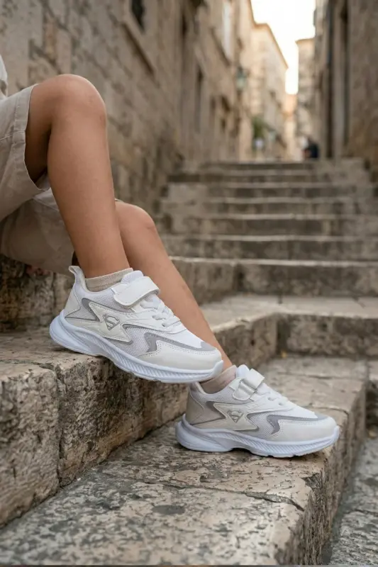 Çocuk Beyaz Bağcıklı Tek Cırt Cırtlı Esnek Hafif Nefes Alabilen Unisex File Sneaker Spor Ayakkabı - Beyaz - Gümüş - 3