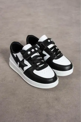 Çocuk Cırtlı Siyah Beyaz Spor Okul Ayakkabısı-Siyah Beyaz - 3