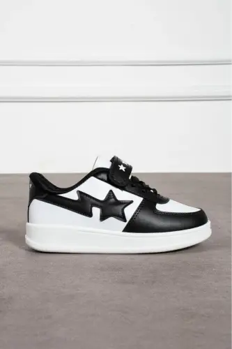 Çocuk Cırtlı Siyah Beyaz Spor Okul Ayakkabısı-Siyah Beyaz - 1