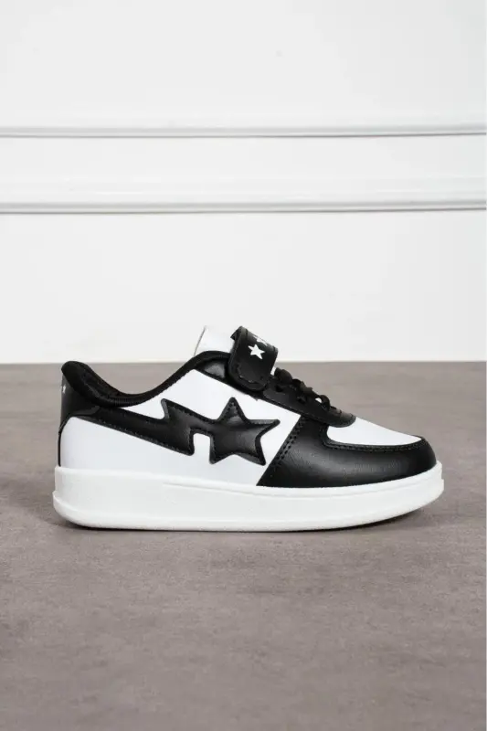 Çocuk Cırtlı Siyah Beyaz Spor Okul Ayakkabısı-Siyah Beyaz - 1