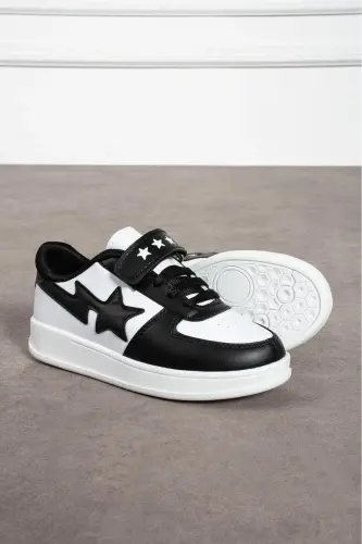 Çocuk Cırtlı Siyah Beyaz Spor Okul Ayakkabısı-Siyah Beyaz - GALYA SHOES (1)