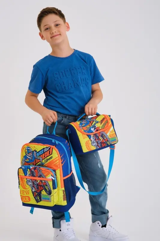 Kids Fosforlu Sarı Saks Motorsiklet Desenli 3’lü Okul Çanta Seti-Fosforlu Sarı Saks - 2