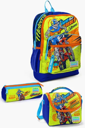 Kids Fosforlu Sarı Saks Motorsiklet Desenli 3’lü Okul Çanta Seti SET0123742 - Fosforlu Sarı Saks 