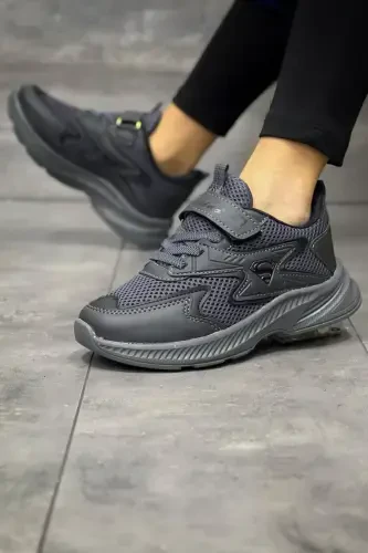 Çocuk Füme Siyah Tek Cırt Cırtlı Esnek Hafif Nefes Alabilen Unisex File Sneaker Spor Ayakkabı-Füme - 2