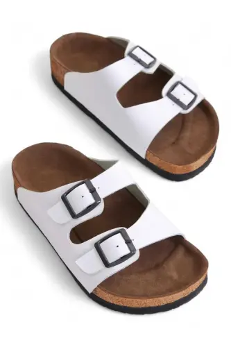 Çocuk Genç Unisex Ortopedik Tabanlı Terlik Çift Bantlı Tokalı Günlük Rahat Ev & Dışarı Terliği-BEYAZ - 1