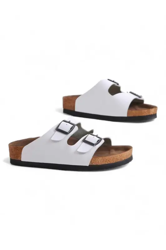 Çocuk Genç Unisex Ortopedik Tabanlı Terlik Çift Bantlı Tokalı Günlük Rahat Ev & Dışarı Terliği-BEYAZ - 2