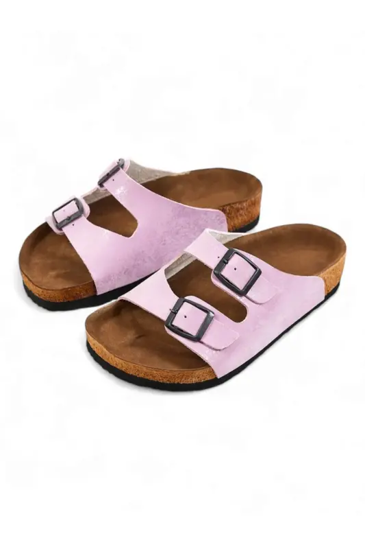 Çocuk Genç Unisex Ortopedik Tabanlı Terlik Çift Bantlı Tokalı Günlük Rahat Ev & Dışarı Terliği-Pudra Pembe - 2