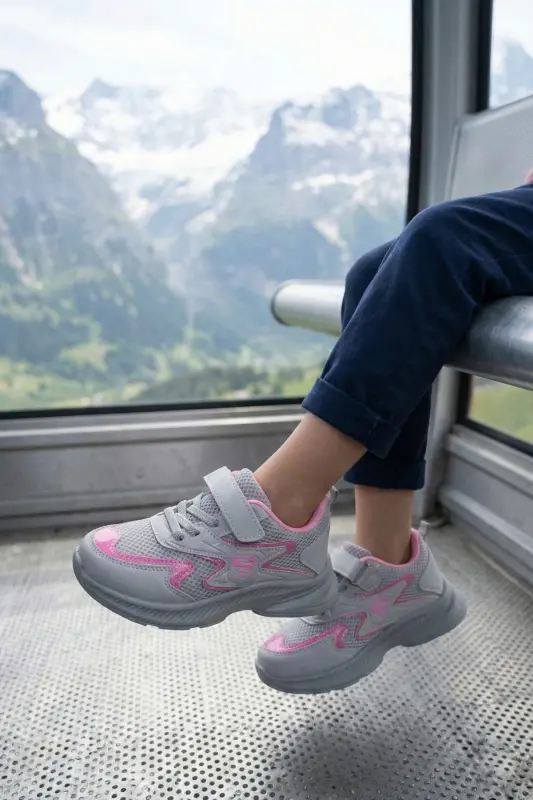Çocuk Gri Pembe Bağcıklı Tek Cırtcırtlı Esnek Hafif Nefes Alabilen Unisex File Sneaker Spor Ayakkabı - Gri - Pembe - 2