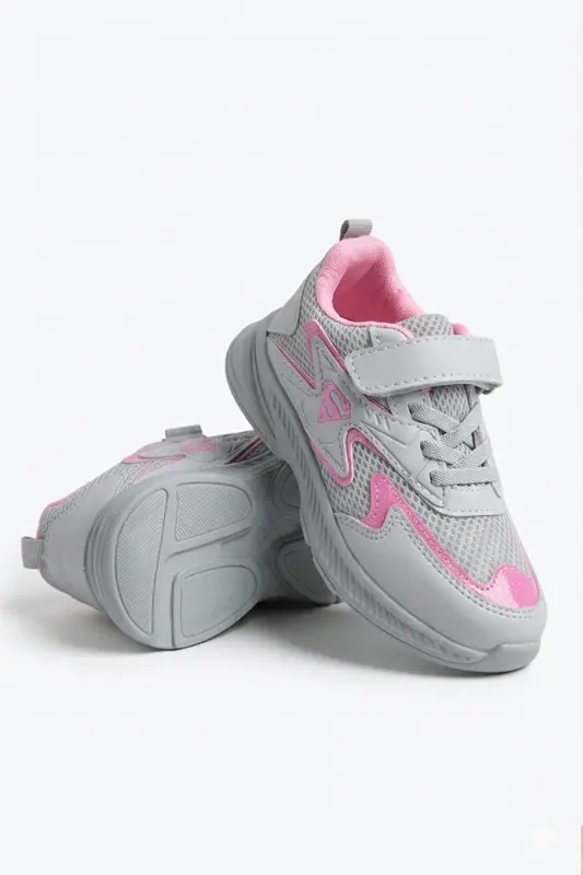 Çocuk Gri Pembe Bağcıklı Tek Cırtcırtlı Esnek Hafif Nefes Alabilen Unisex File Sneaker Spor Ayakkabı - Gri - Pembe - 7