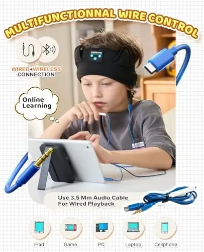 KIDSBAND Kids Headphones, Toddler/Baby Bluetooth Headband, Wireless Sleep Headphones for Kids with Wired Playback 3.5 MM Jack for Teens/Boys/Girls/School/Kindle/Airplane Travel/Plane/Tablet - 5