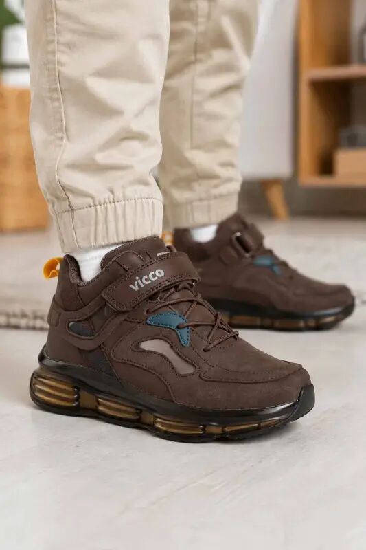 Çocuk Kahverengi Sneaker Cırt Cırtlı Bağcıklı Kalın Taban Spor Ayakkabı - Kahverengi/C - VİCCO