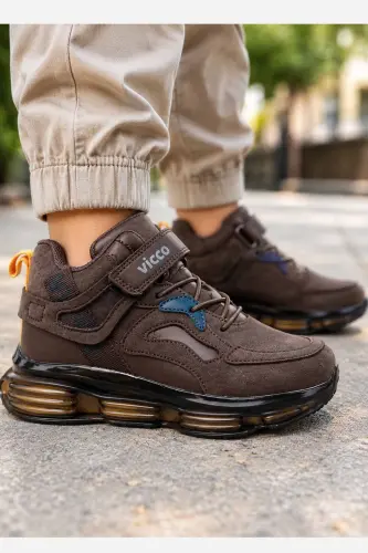 Çocuk Kahverengi Sneaker Cırt Cırtlı Bağcıklı Kalın Taban Spor Ayakkabı - Kahverengi/C - 5