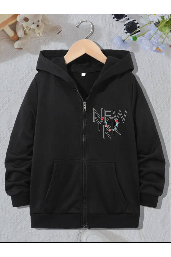 Çocuk Kapşonlu Erkek-kız Newyork Baskılı Siyah Fermuarlı Hırka-mdl3 - 8