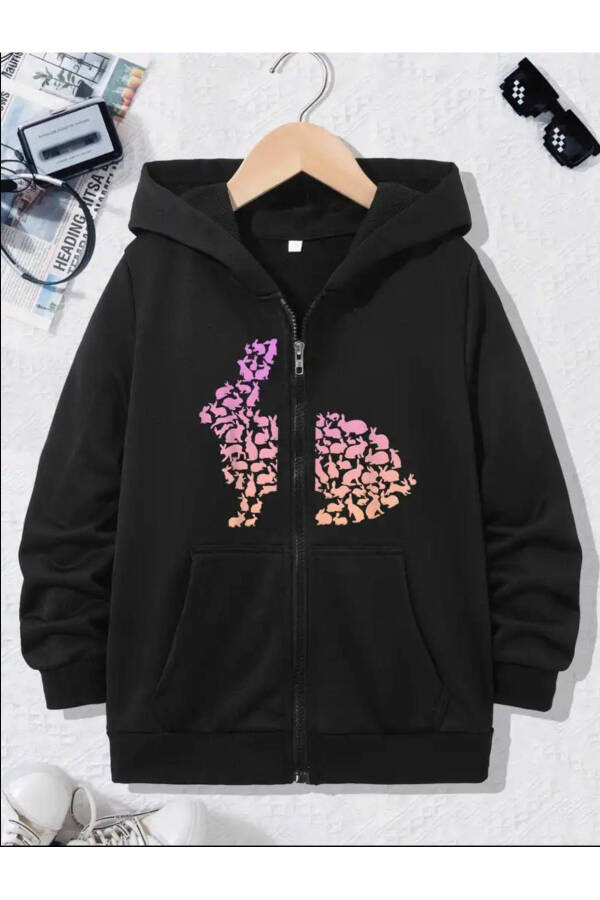 Çocuk Kapşonlu Erkek-Kız Baskılı siyah gri Fermuarlı Hırka-mdl5 - 9