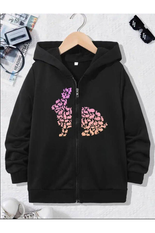 Çocuk Kapşonlu Erkek-Kız Baskılı siyah gri Fermuarlı Hırka-mdl5 - 1