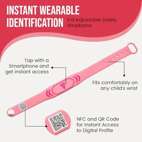 Çocuk Kimlik Bilekliği - NFC Acil Durum İletişim Bilekliği, Ayarlanabilir 14-19 cm, Su Geçirmez Silikon Güvenlik Bandı, GPS Değil, Seyahat ve Okul Çocuk Güvenlik Bilekliği - SHAREWEAR