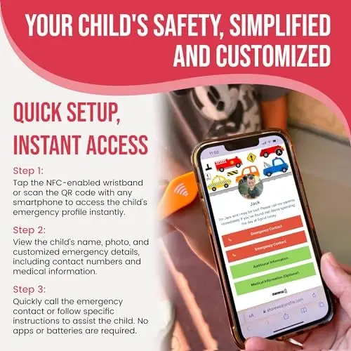 Çocuk Kimlik Bilekliği - NFC Acil Durum İletişim Bilekliği, Ayarlanabilir 14-19 cm, Su Geçirmez Silikon Güvenlik Bandı, GPS Değil, Seyahat ve Okul Çocuk Güvenlik Bilekliği - SHAREWEAR (1)