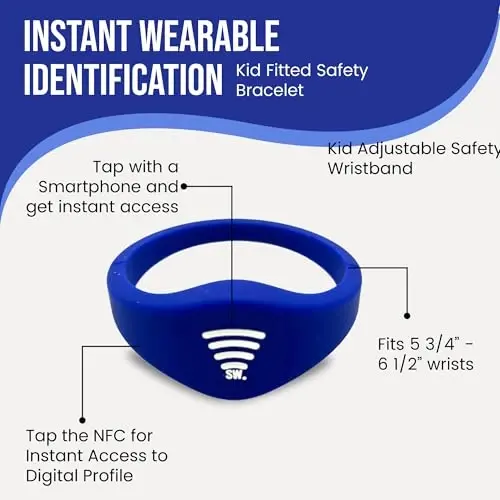 Kids ID Bracelet – Fitted NFC Safety Wristband, Slip-On Child ID Band for Emergency Contact Info, Waterproof Silicone, Not GPS, Wear on Wrist or Ankle, Ideal for Theme Parks, Travel & Beaches - SHAREWEAR (1)