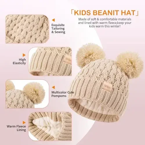 Kids Winter Hat Scarf Gloves Set Children's Warm Knit Fleece Lined Pompom Hat for Kids Ages 3-9, Perfect for Boys and Girls - KIDS (1)