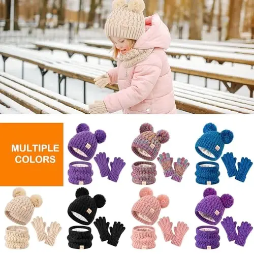 Kids Winter Hat Scarf Gloves Set Children's Warm Knit Fleece Lined Pompom Hat for Kids Ages 3-9, Perfect for Boys and Girls - 6