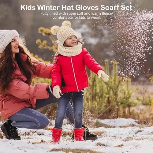 Kids Winter Hat Scarf Gloves Set Children's Warm Knit Fleece Lined Pompom Hat for Kids Ages 3-9, Perfect for Boys and Girls - 7