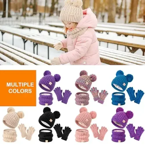 Kids Winter Hat Scarf Gloves Set Children's Warm Knit Fleece Lined Pompom Hat for Kids Ages 3-9, Perfect for Boys and Girls - 6
