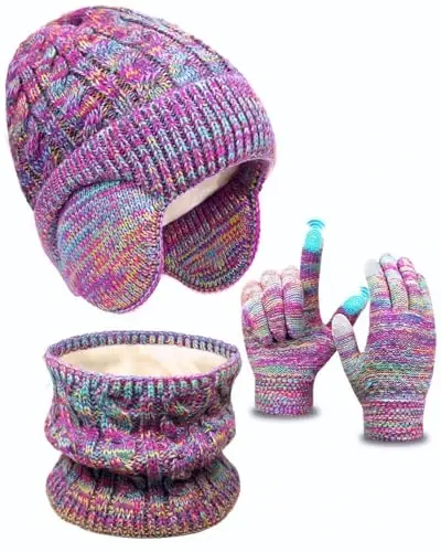 Kids Winter Hat Gloves Scarf Set,Toddler Girls Boys Beanie Hat with Earflaps,Knit Mittens & Neck Gaiter Warmer for Kids 4-12 