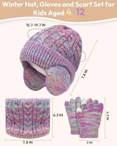 Kids Winter Hat Gloves Scarf Set,Toddler Girls Boys Beanie Hat with Earflaps,Knit Mittens & Neck Gaiter Warmer for Kids 4-12 - 5