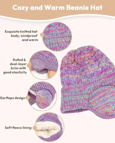 Kids Winter Hat Gloves Scarf Set,Toddler Girls Boys Beanie Hat with Earflaps,Knit Mittens & Neck Gaiter Warmer for Kids 4-12 - 2