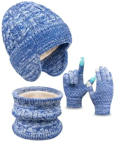 Kids Winter Hat Gloves Scarf Set,Toddler Girls Boys Beanie Hat with Earflaps,Knit Mittens & Neck Gaiter Warmer for Kids 4-12 