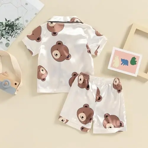 Kids Baby Girl Boy Satin Pajamas Set Short sleeve Button Down Shirt And Shorts Pjs Summer Sleepwear Nightwear - 3