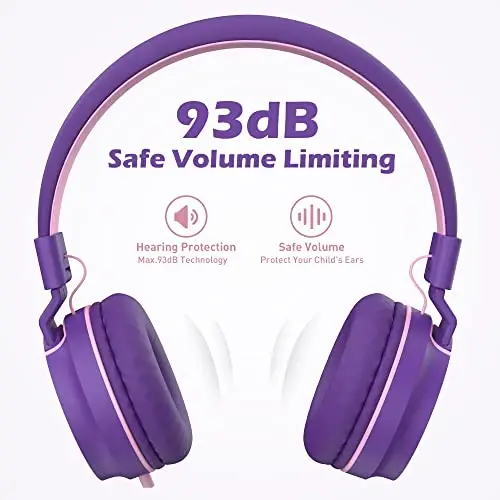 Kids Headphones, Wired Headphones for Kids On Ear with Microphone, 93dB Volume Limiter Headphone for Girls Boys, Foldable Lightweight Headphone for School Learning & Entertainment, Pink Purple - 1