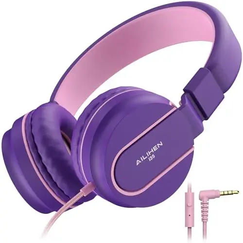 Kids Headphones, Wired Headphones for Kids On Ear with Microphone, 93dB Volume Limiter Headphone for Girls Boys, Foldable Lightweight Headphone for School Learning & Entertainment, Pink Purple - 2