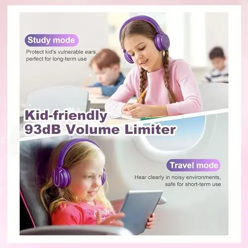 Kids Headphones, Wired Headphones for Kids On Ear with Microphone, 93dB Volume Limiter Headphone for Girls Boys, Foldable Lightweight Headphone for School Learning & Entertainment, Pink Purple - 3