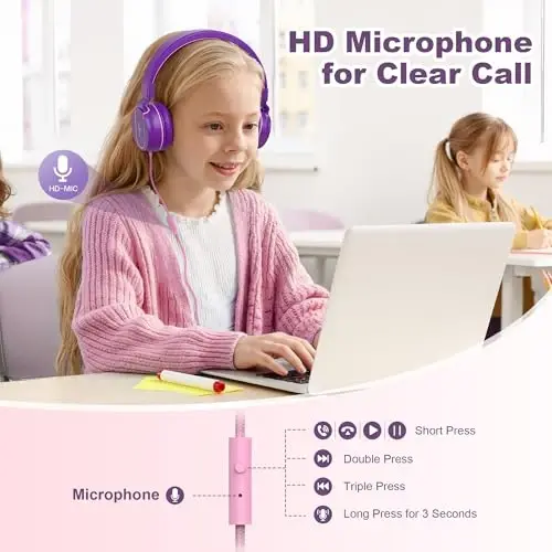 Kids Headphones, Wired Headphones for Kids On Ear with Microphone, 93dB Volume Limiter Headphone for Girls Boys, Foldable Lightweight Headphone for School Learning & Entertainment, Pink Purple - 4
