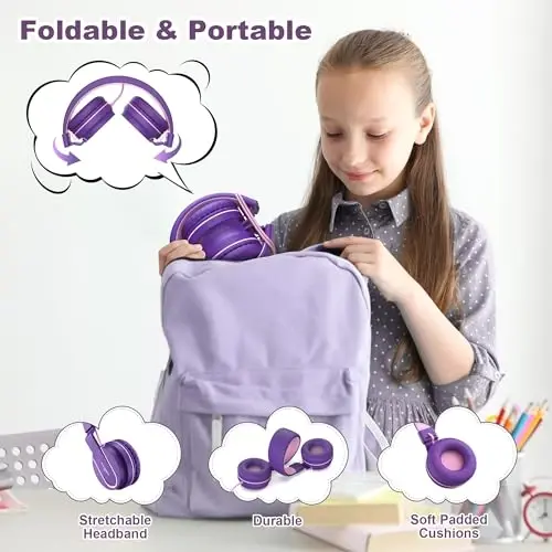 Kids Headphones, Wired Headphones for Kids On Ear with Microphone, 93dB Volume Limiter Headphone for Girls Boys, Foldable Lightweight Headphone for School Learning & Entertainment, Pink Purple - 5