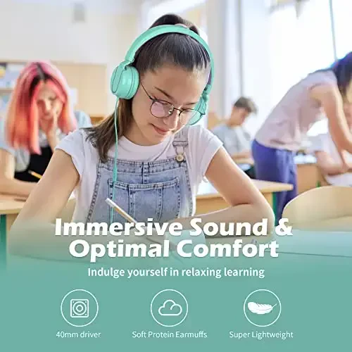 Kids Headphones, AILIHEN I35 On-Ear Headphones for School, 93dB HD Mic Stereo Headphone for Kid Girls Children, Foldable Wired 3.5mm for Chromebook, Laptop, Computer, Tablet (Green Purple) - AILIHEN