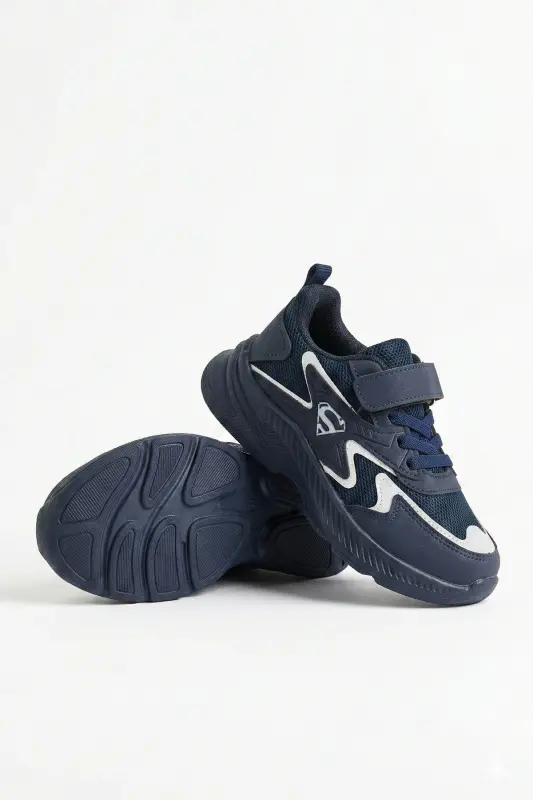 Çocuk Lacivert Bağcıklı Tek Cırt Cırtlı Esnek Hafif Nefes Alabilen Unisex File Sneaker Spor Ayakkabı - Lacivert - Beyaz - 7