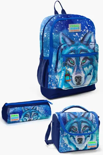 Kids Lacivert Mavi Kurt Desenli 3’lü Okul Çanta Seti SET0123743 - Lacivert Mavi - 1