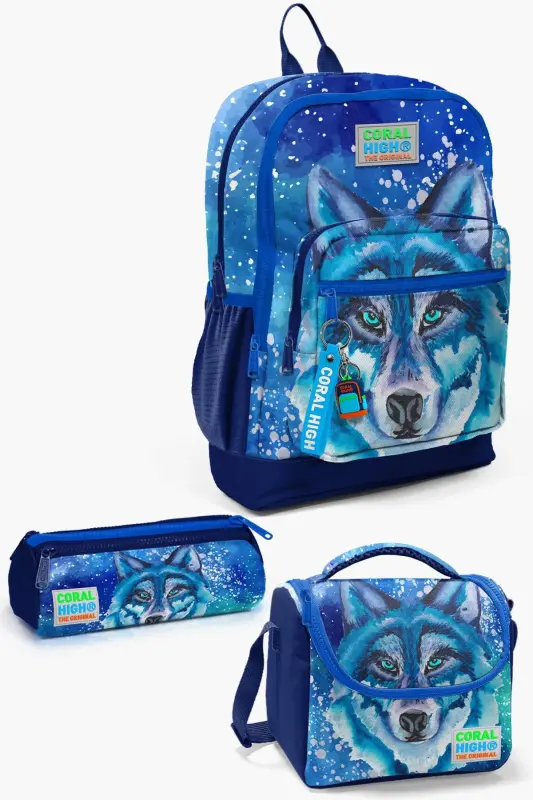 Kids Lacivert Mavi Kurt Desenli 3’lü Okul Çanta Seti SET0123743 - Lacivert Mavi - 1